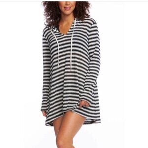 La Blanca Sweater Womens 2X Black White Striped Hooded Slouchy Cover Up Resort